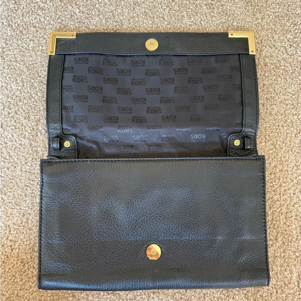 Michael Kors BEVERLY Convertible Black Leather Shoulder Bag with Gold Accents